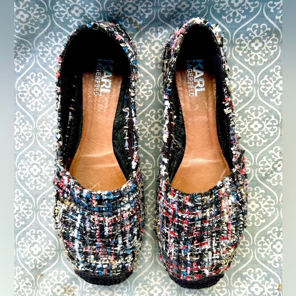 Karl Lagerfeld Boucle Flats, Black/Gray/Multi, Size 8